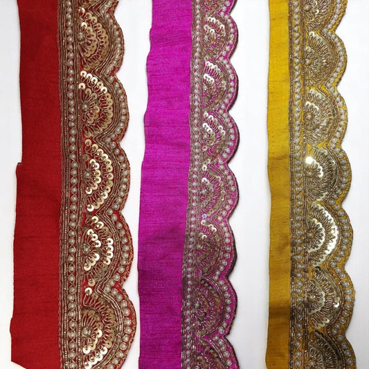 Taran scalloped Zari Lace – Multicolor Set (Red, Magenta, Yellow)(Comes in 9 Meters)
