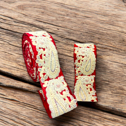 Crimson Red Paisley Embroidered Border (Comes in 9 Meters)