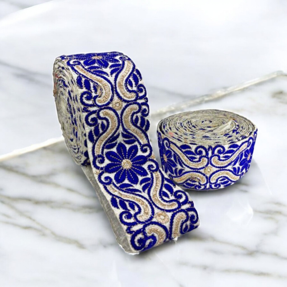 Royal Blue and Gold Floral Embroidered Border (Comes in 9 Meters)