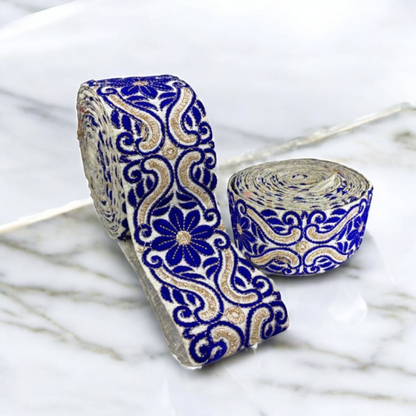 Royal Blue and Gold Floral Embroidered Border (Comes in 9 Meters)