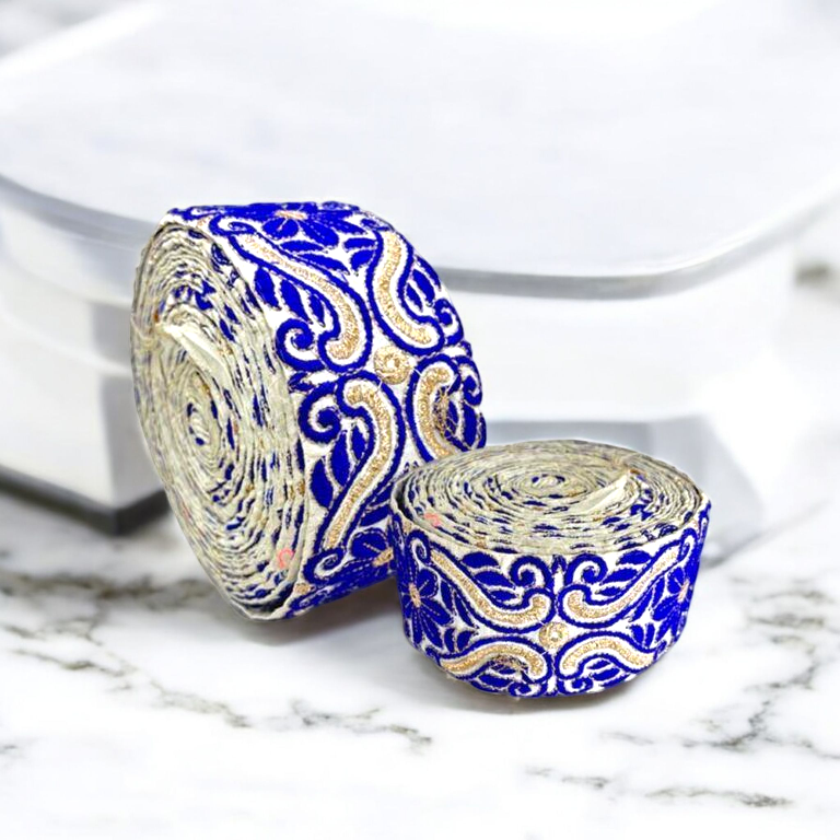 Royal Blue and Gold Floral Embroidered Border (Comes in 9 Meters)