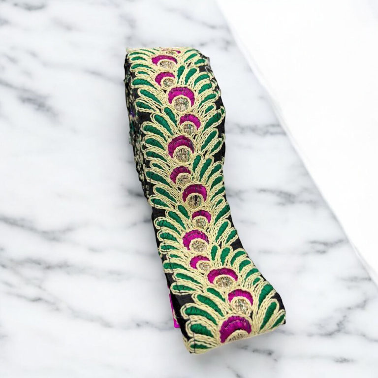 Black Peacock Feather Motif Embroidered Border (Comes in 9 Meters)
