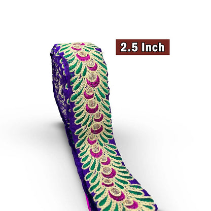 Royal Purple Peacock Feather Motif Embroidered Border (Comes in 9 Meters)