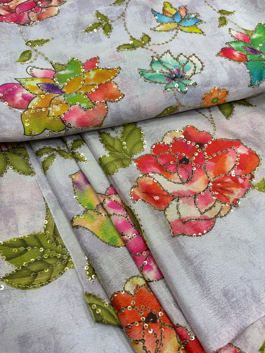 Vintage Floral Brocade (Chinon with Position Print and Sequence Work)