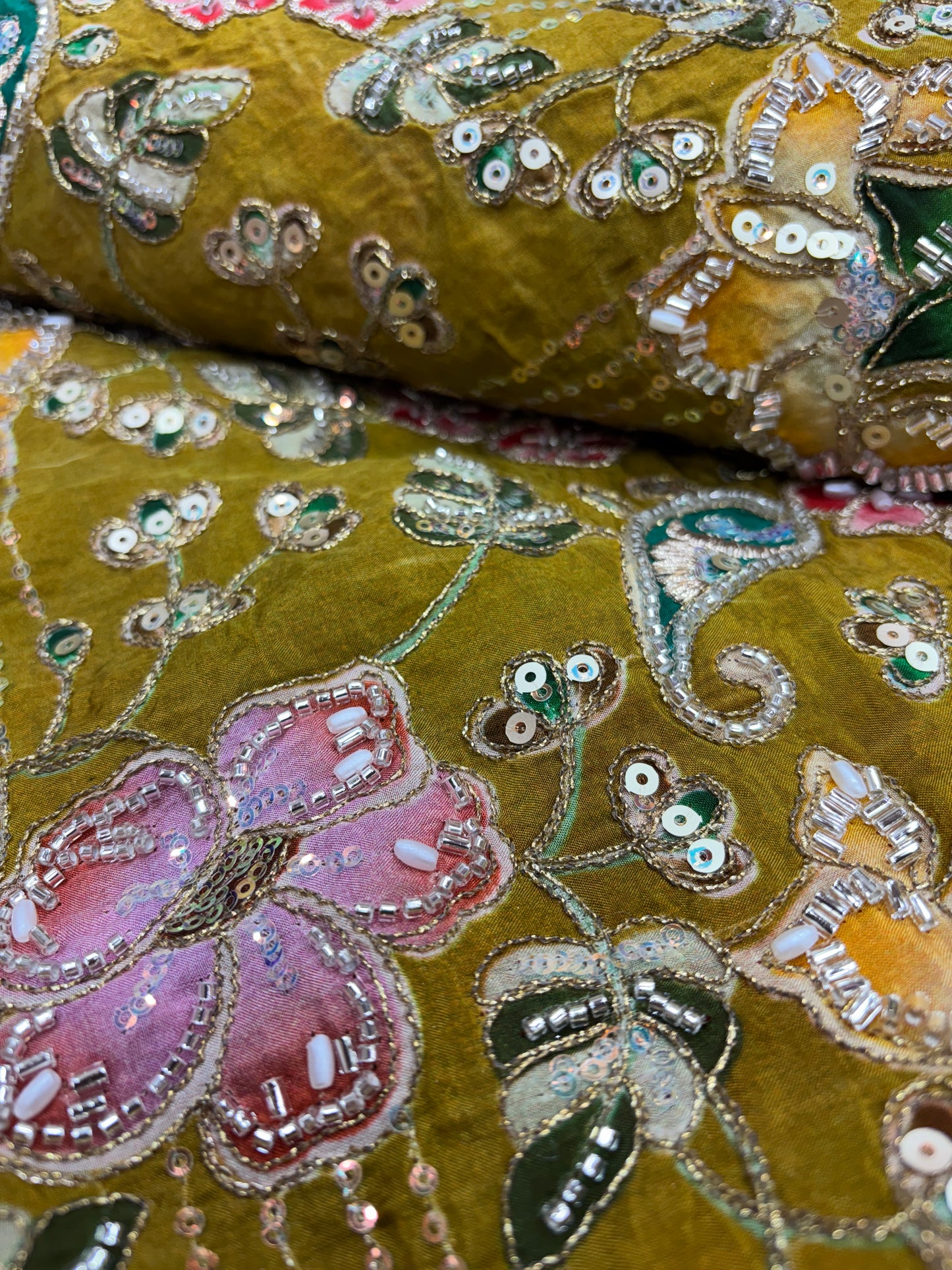 Antique Olive Bloom (Crape with cut dana work)