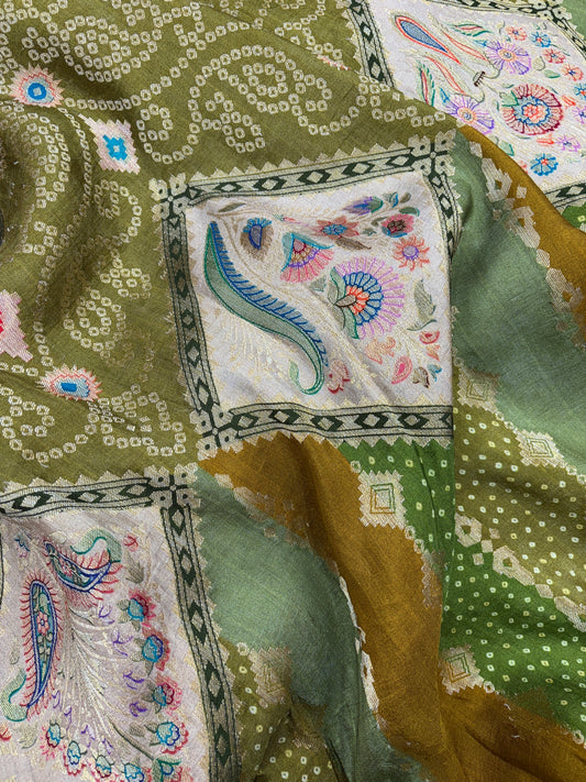 Royal Olive Tapestry (Banarasi with Bandhani Print)