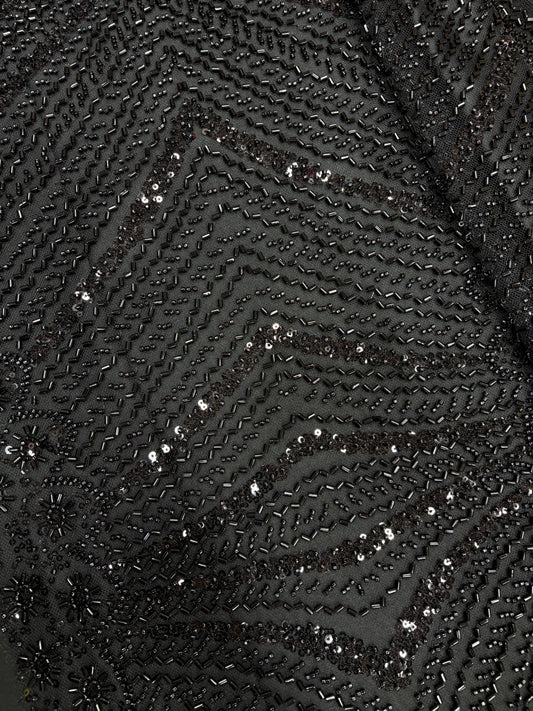 Midnight Black Sequin Embroidered Fabric (Net with cut dana work)