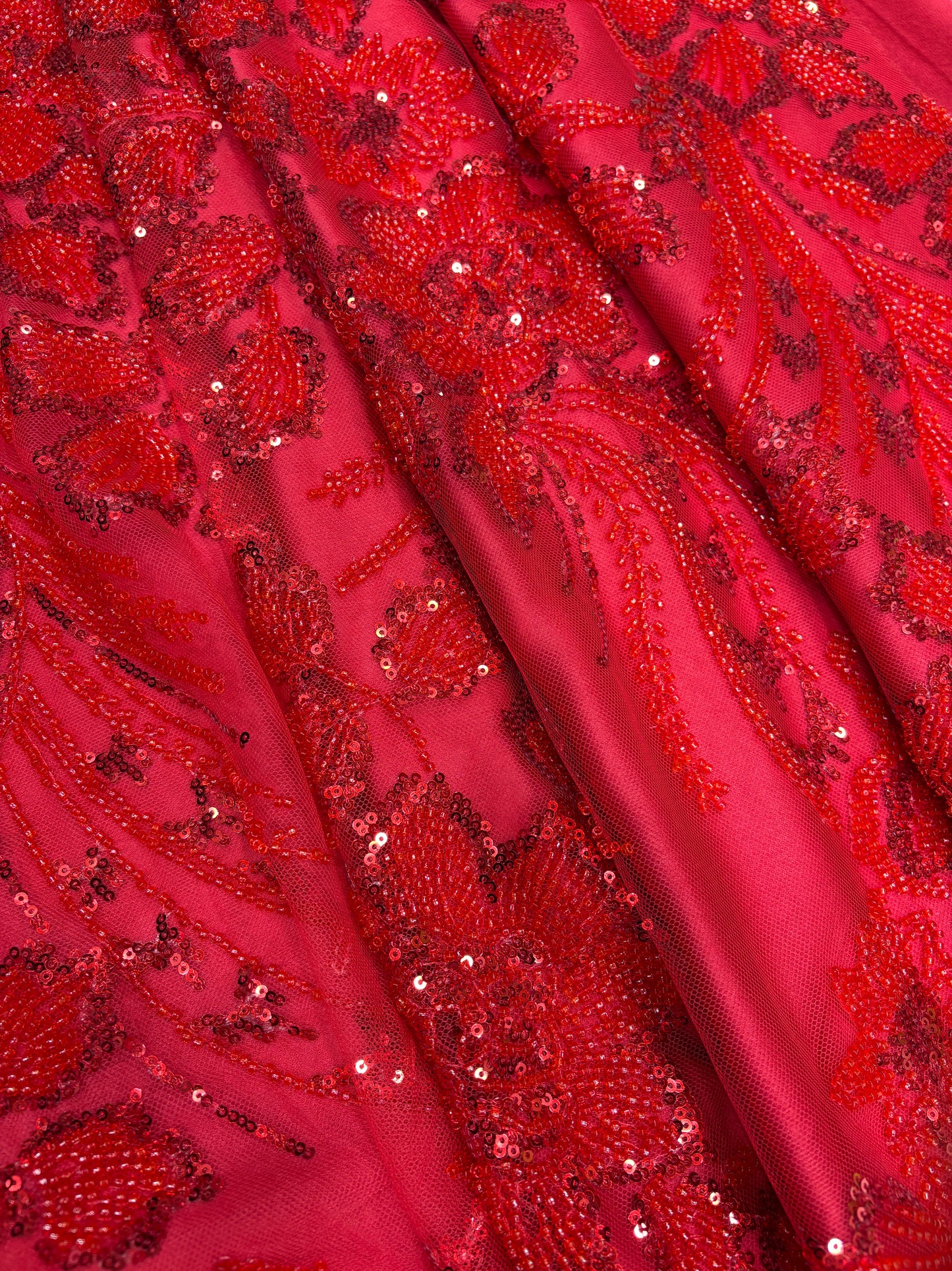 Radiant Red Sequin Embroidered Net Fabric