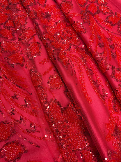 Radiant Red Sequin Embroidered Net Fabric