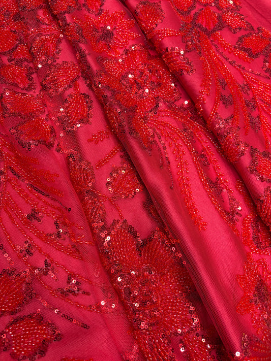 Radiant Red Sequin Embroidered Net Fabric (Net with cut dana work)