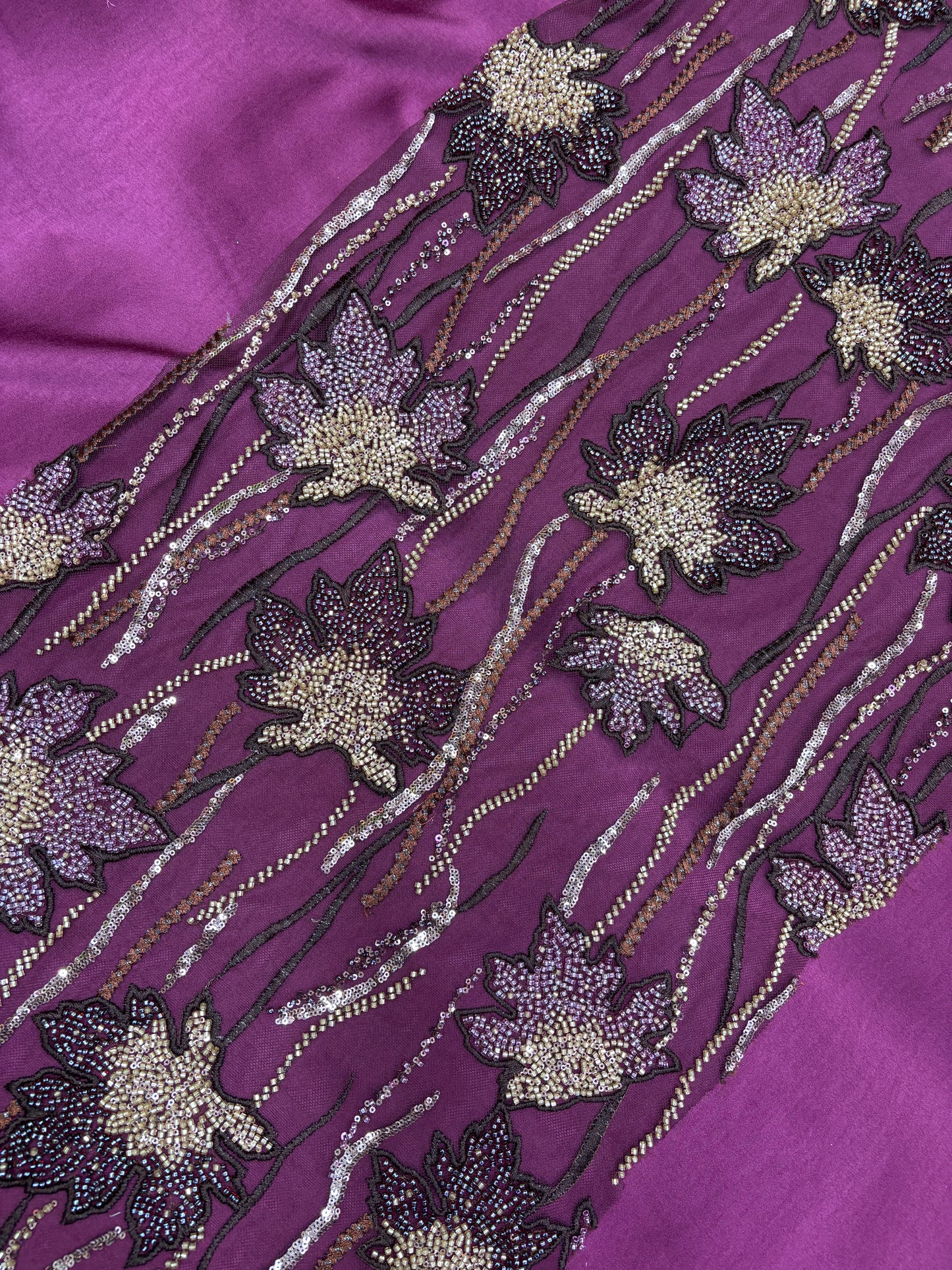Royal Orchid Bloom Embroidered Net in Plum (Net with cut dana work)