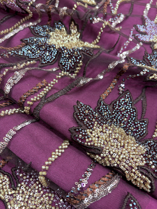 Royal Orchid Bloom Embroidered Net in Plum (Net with cut dana work)