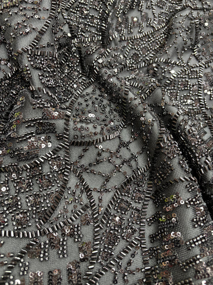Midnight Spark Leaf Motif Embroidered Net (Net with cut dana work)