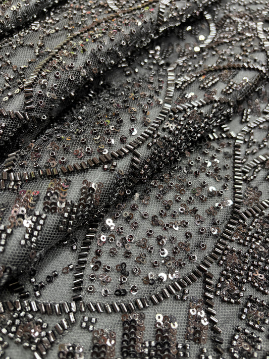 Midnight Spark Leaf Motif Embroidered Net (Net with cut dana work)