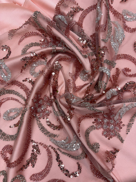 Rosé Whimsy Swirl Embroidered Net (Net with cut dana work)