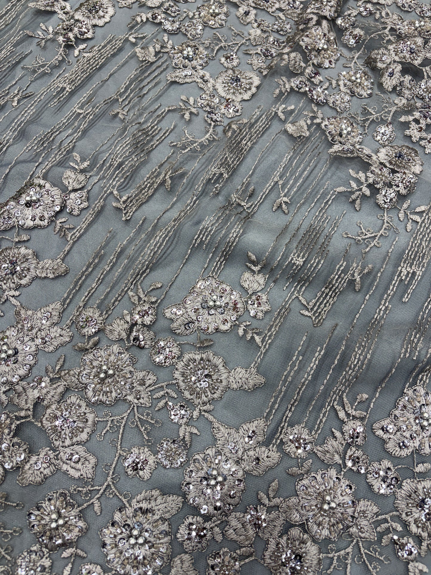 Moonlit Bloom Embroidered Net in Steel Grey