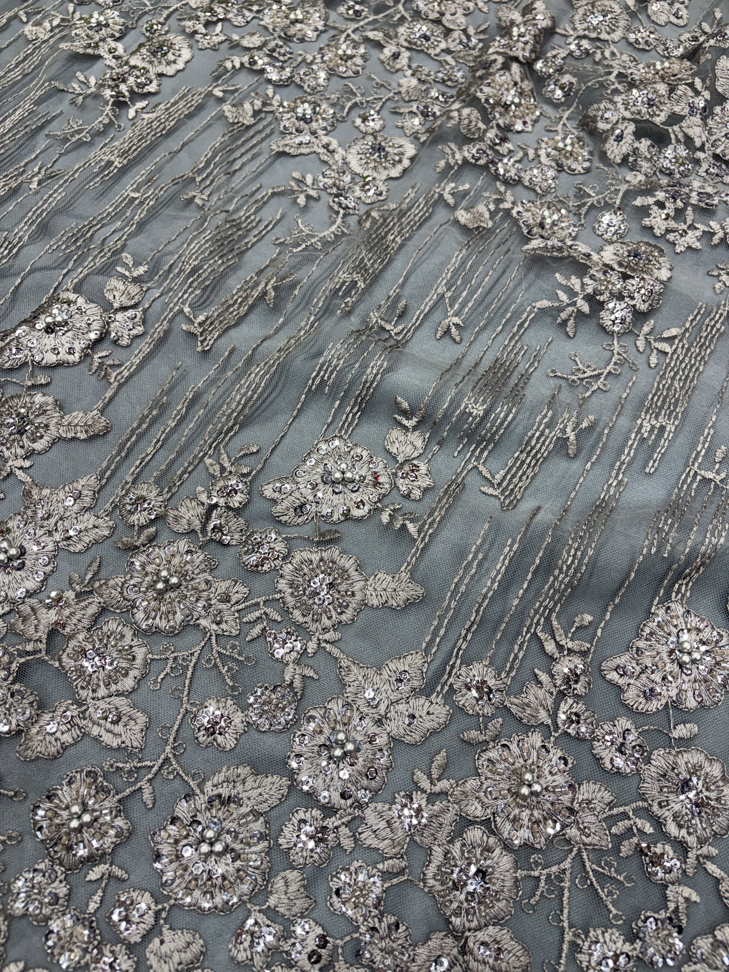 Moonlit Bloom Embroidered Net in Steel Grey