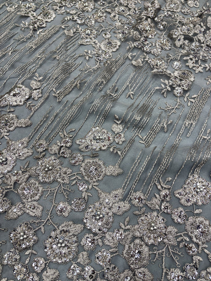 Moonlit Bloom Embroidered Net in Steel Grey