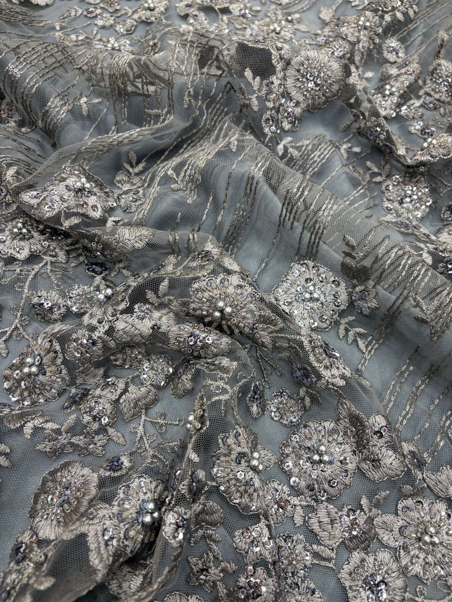 Moonlit Bloom Embroidered Net in Steel Grey