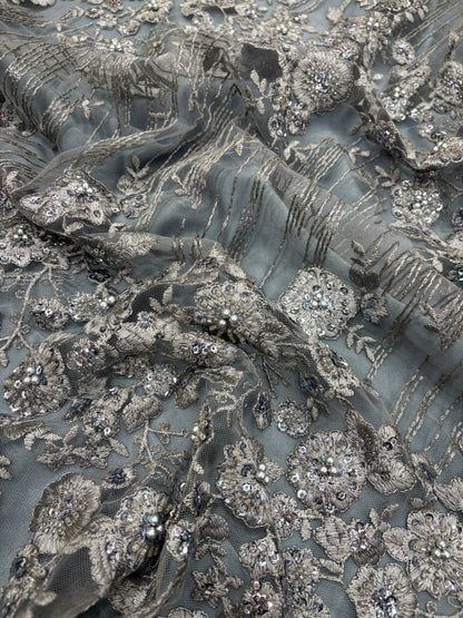 Moonlit Bloom Embroidered Net in Steel Grey