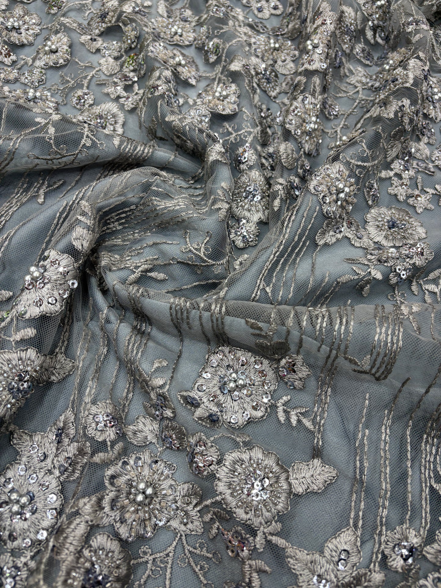 Moonlit Bloom Embroidered Net in Steel Grey