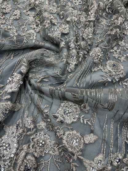 Moonlit Bloom Embroidered Net in Steel Grey