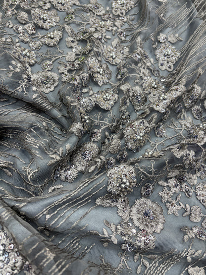 Moonlit Bloom Embroidered Net in Steel Grey