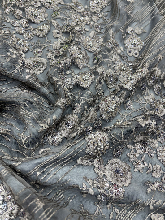 Moonlit Bloom Embroidered Net in Steel Grey (Net with cut dana work)