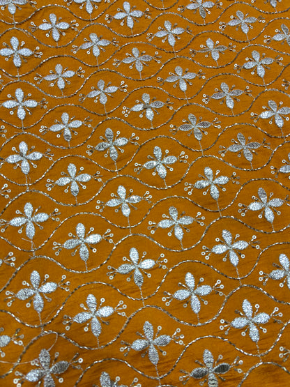 Mustard Bloom Mirror Embroidery on Silk Velvet (Silk Base with Gota Work)