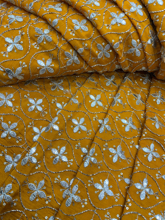 Mustard Bloom Mirror Embroidery on Silk Velvet (Silk Base with Gota Work)