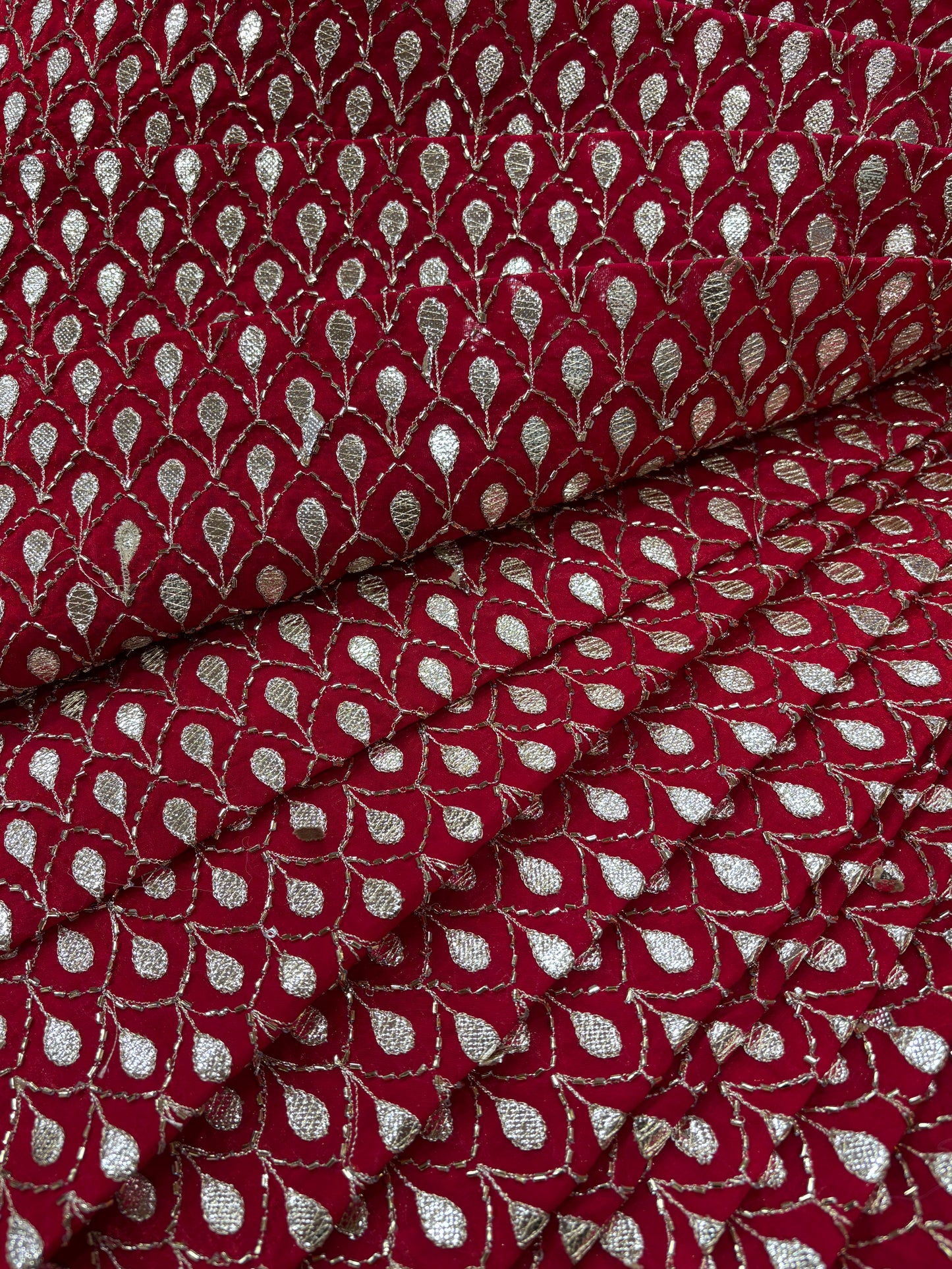 Crimson Gold Jaal Embroidered Velvet Fabric (Tissue with Gota Work)