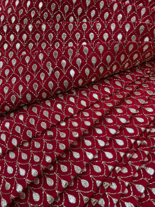 Crimson Gold Jaal Embroidered Velvet Fabric (Tissue with Gota Work)