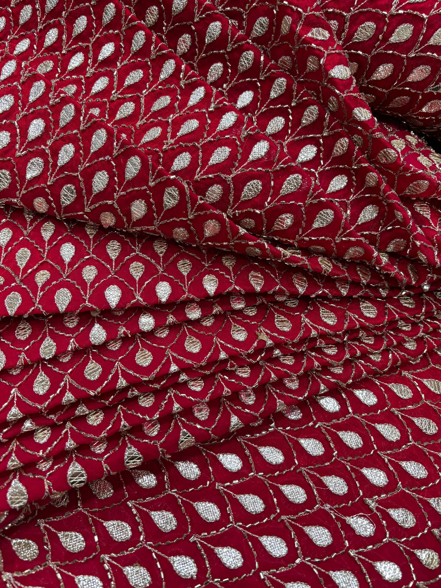Crimson Gold Jaal Embroidered Velvet Fabric (Tissue with Gota Work)