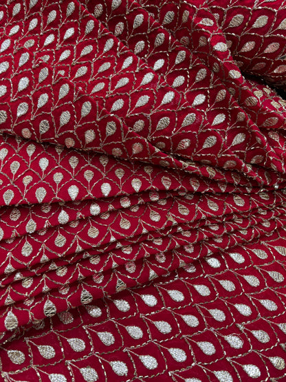 Crimson Gold Jaal Embroidered Velvet Fabric (Tissue with Gota Work)