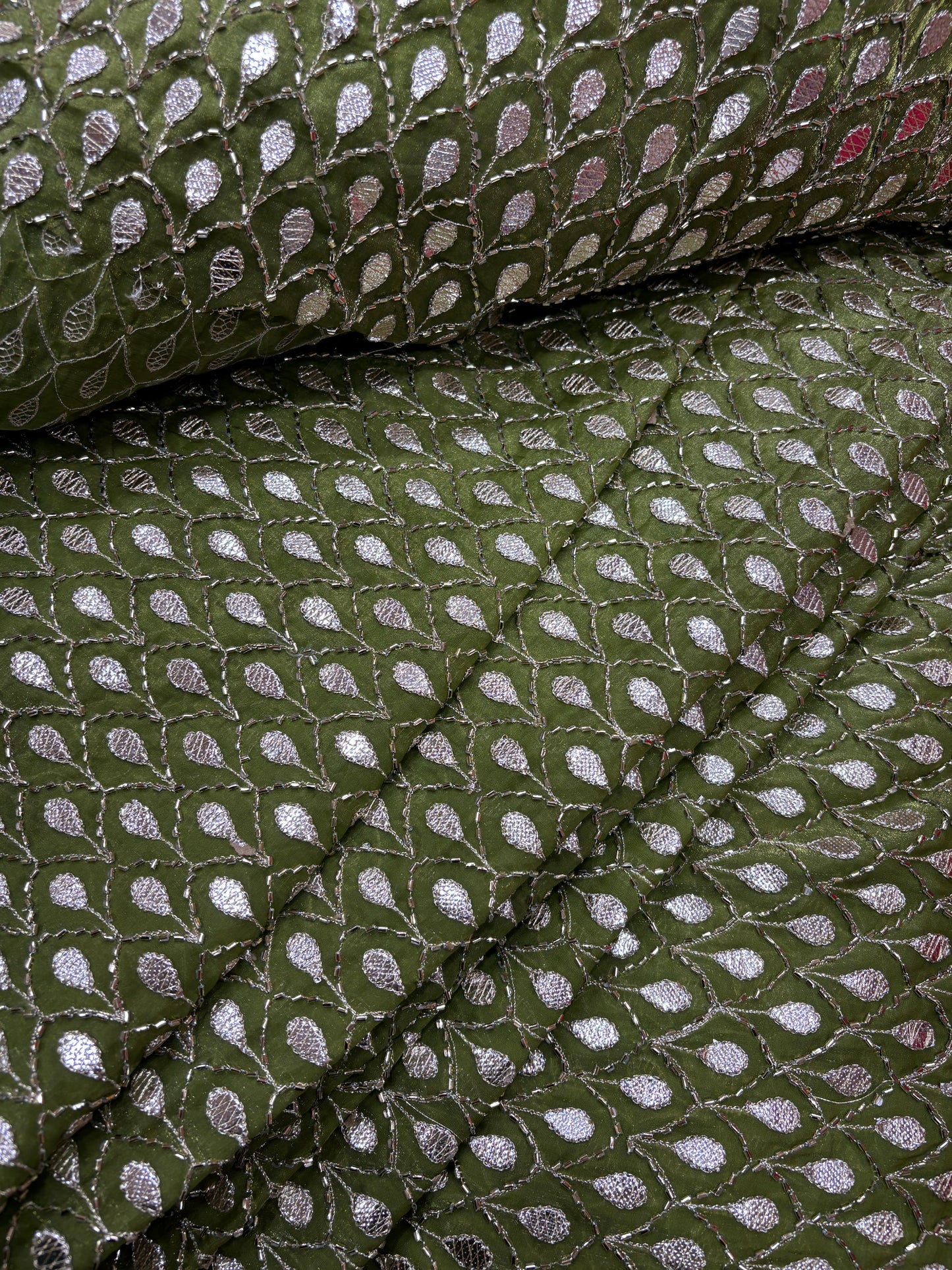 Olive Green Gota Buti Embroidered Madhav Silk (Tissue Base with Gota Work)