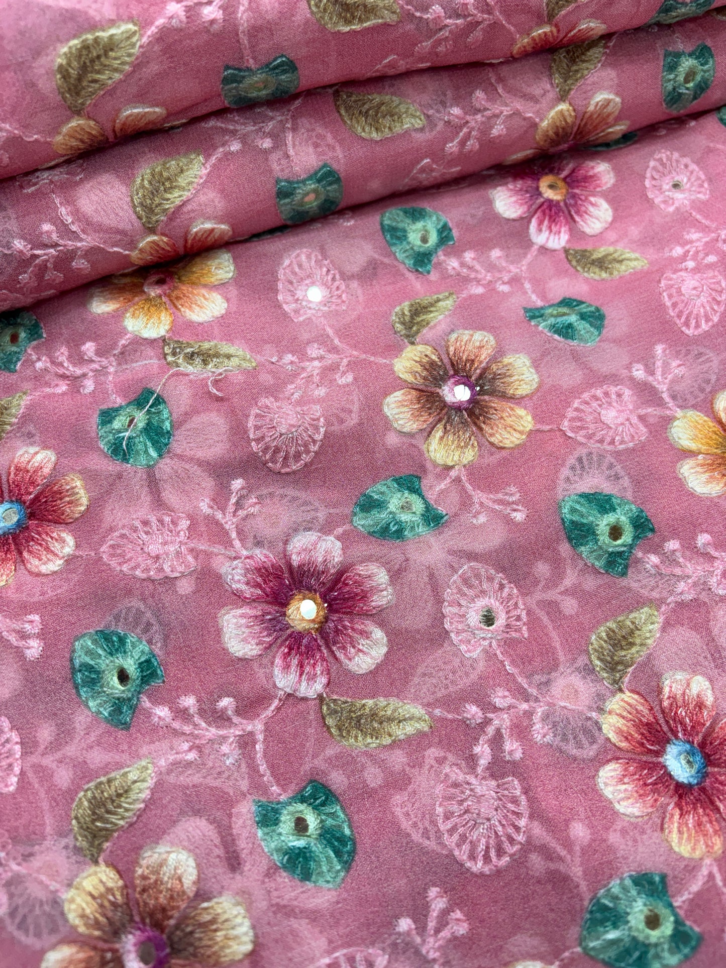 Rosy Bloom Embroidered Organza