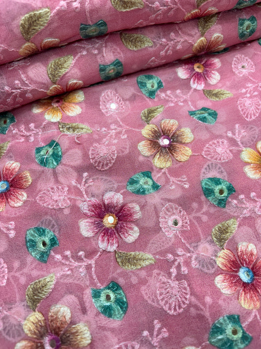 Rosy Bloom Embroidered Organza (Gorjet with Suta Work)