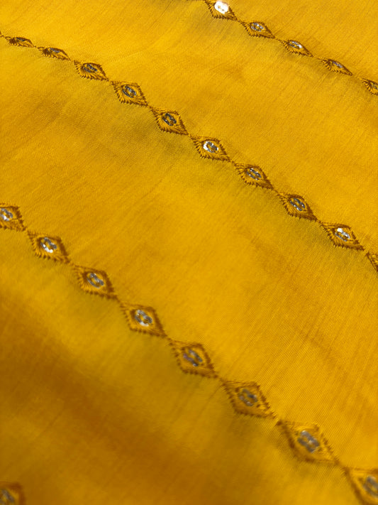 Mustard Mirror Work Chanderi Cotton Fabric (Silk with Sequence Work)