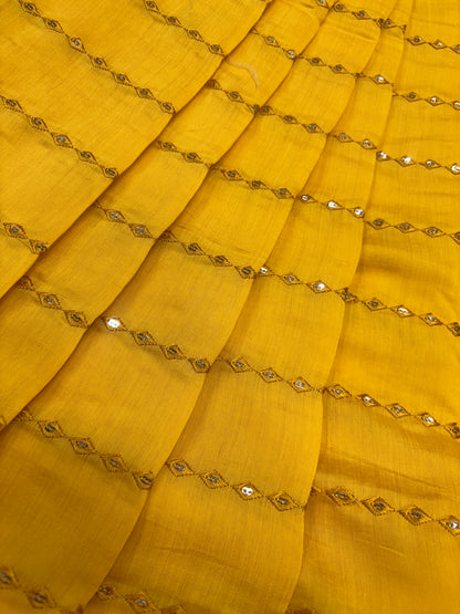 Mustard Mirror Work Chanderi Cotton Fabric (Silk with Sequence Work)