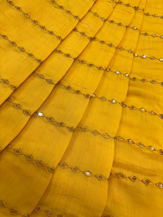 Mustard Mirror Work Chanderi Cotton Fabric (Silk with Sequence Work)