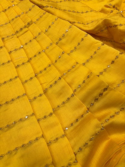Mustard Mirror Work Chanderi Cotton Fabric (Silk with Sequence Work)