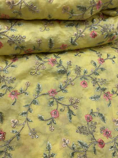 Lemon Green Floral Thread & Sequin Embroidered Tissue Fabric