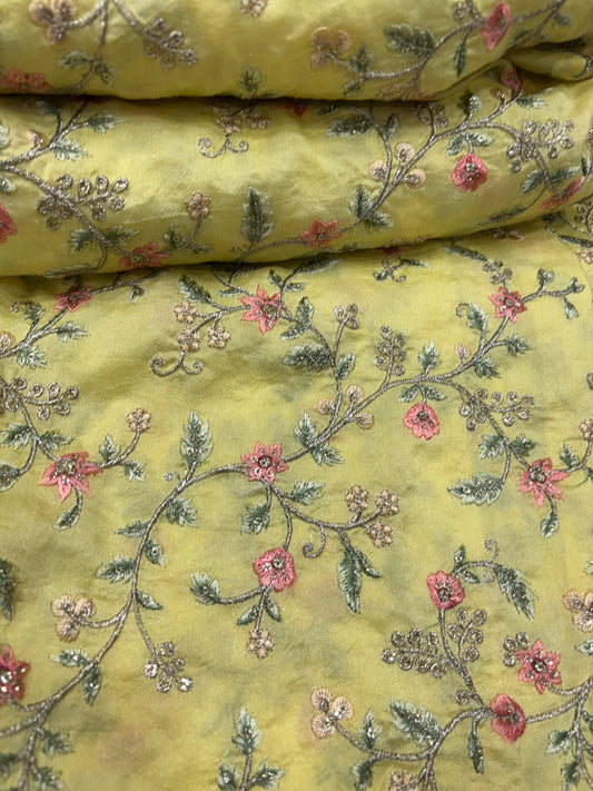 Lemon Green Floral Thread & Sequin Embroidered Tissue Fabric (Silk with Embroidery Work)