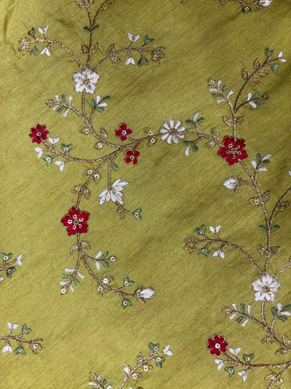 Sunbeam Mustard Floral Threadwork on Cotton Silk (Silk with Suta Work)