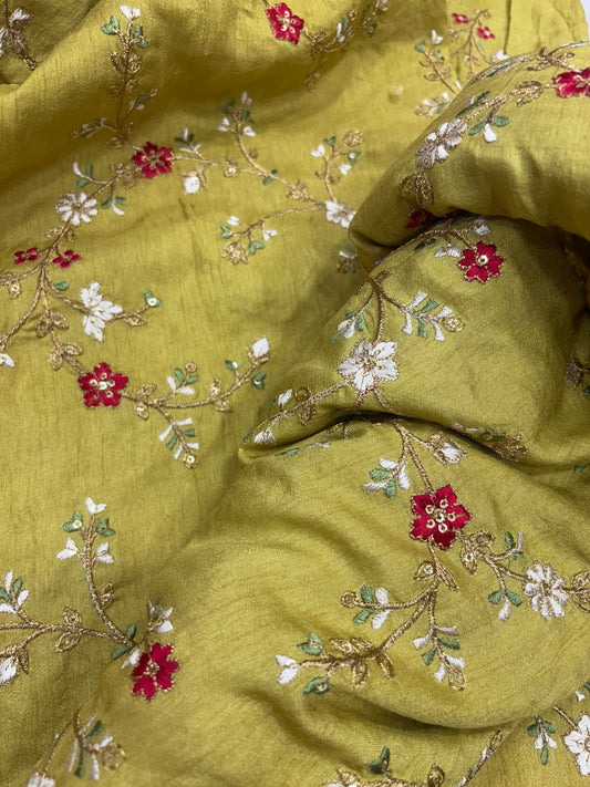 Sunbeam Mustard Floral Threadwork on Cotton Silk (Silk with Suta Work)