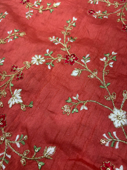 Brick Red Embroidered Slub Cotton Fabric