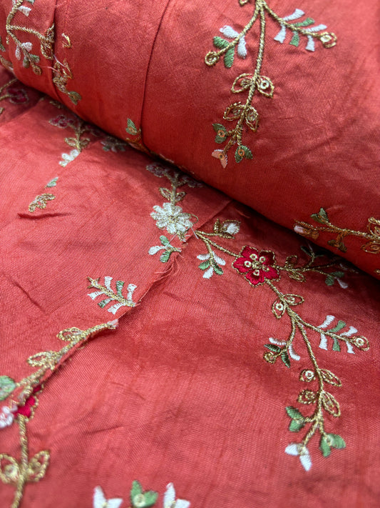 Brick Red Embroidered Slub Cotton Fabric (Silk with Lace & Zari Work)
