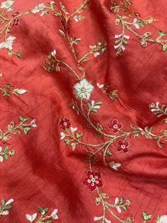 Brick Red Embroidered Slub Cotton Fabric (Silk with Lace & Zari Work)