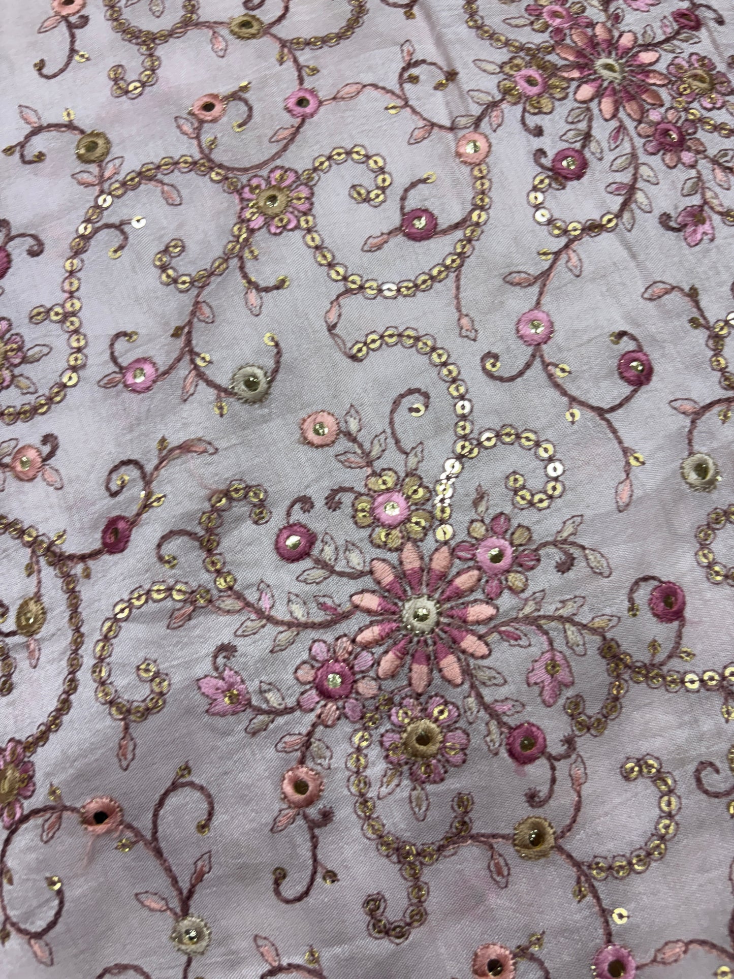 Shimmering Floral Embroidered Dusty Pink Silk Fabric