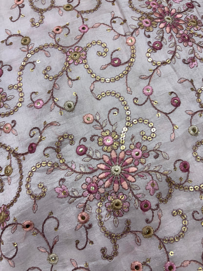 Shimmering Floral Embroidered Dusty Pink Silk Fabric